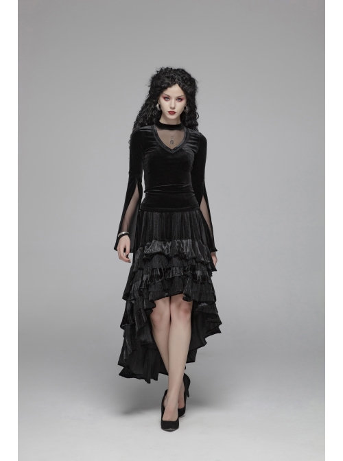 V-Neck Splice Mesh Slit Flare Sleeve Black Gothic Velvet T-Shirt