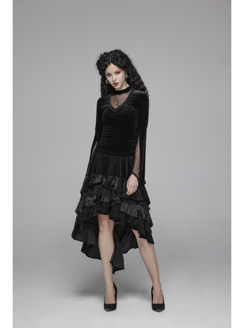 V-Neck Splice Mesh Slit Flare Sleeve Black Gothic Velvet T-Shirt