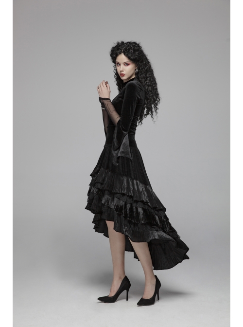 V-Neck Splice Mesh Slit Flare Sleeve Black Gothic Velvet T-Shirt