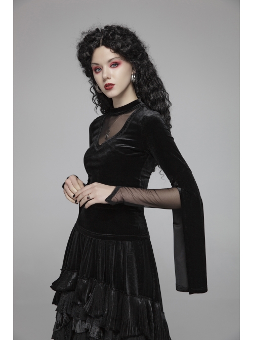 V-Neck Splice Mesh Slit Flare Sleeve Black Gothic Velvet T-Shirt