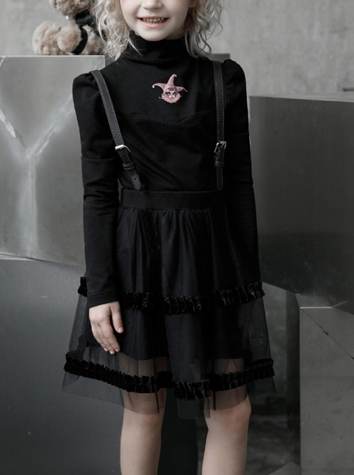 Childrenswear Metal Buckle Leather Shoulder Strap Double-Layer Mesh Black Punk Bubble Skirt