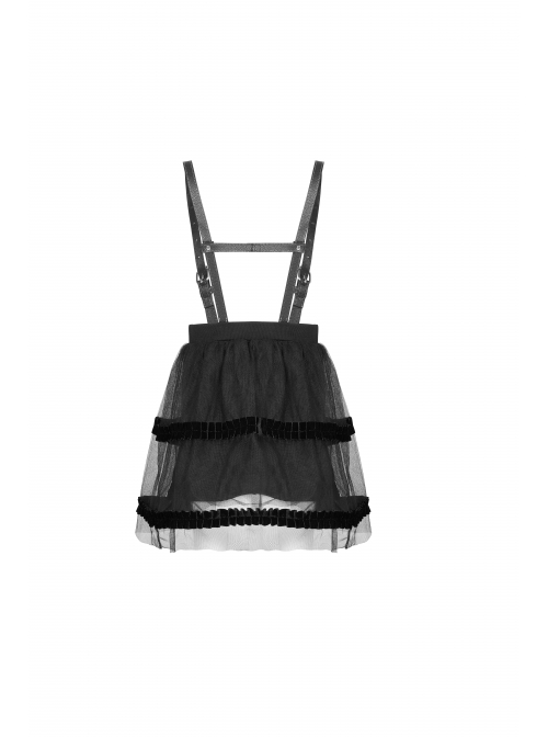 Childrenswear Metal Buckle Leather Shoulder Strap Double-Layer Mesh Black Punk Bubble Skirt