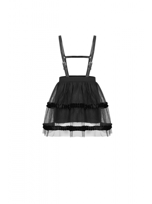 Childrenswear Metal Buckle Leather Shoulder Strap Double-Layer Mesh Black Punk Bubble Skirt