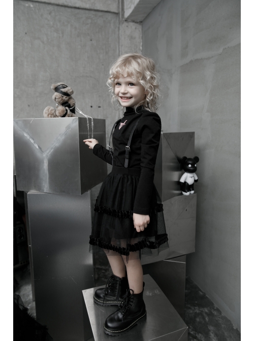 Childrenswear Metal Buckle Leather Shoulder Strap Double-Layer Mesh Black Punk Bubble Skirt