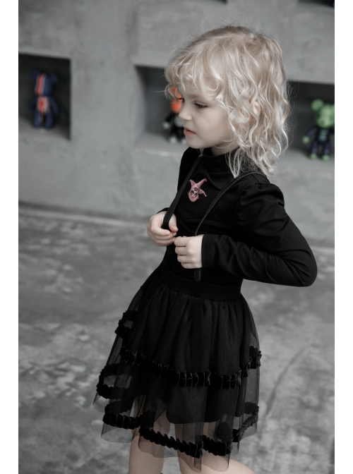 Childrenswear Metal Buckle Leather Shoulder Strap Double-Layer Mesh Black Punk Bubble Skirt