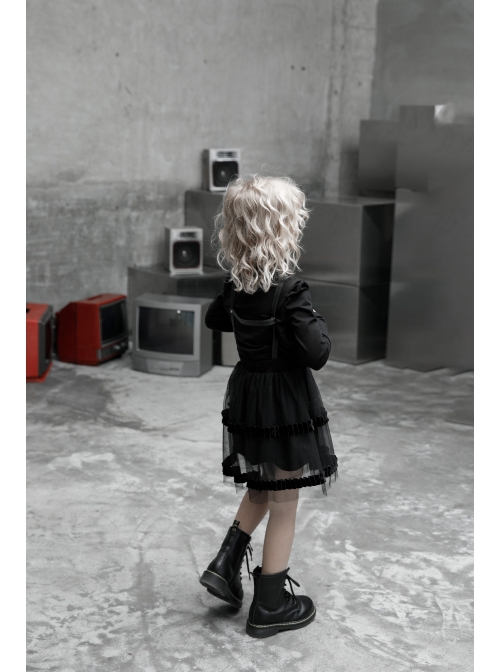 Childrenswear Metal Buckle Leather Shoulder Strap Double-Layer Mesh Black Punk Bubble Skirt