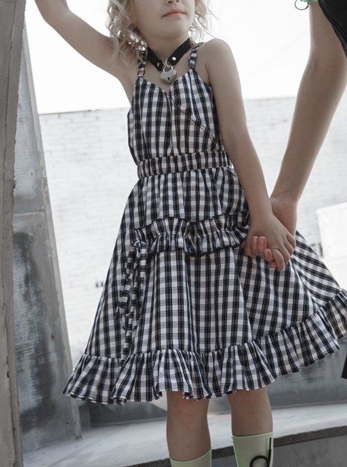 White Plaid A Type Flounce Lower Hem Punk Children Sling Dress
