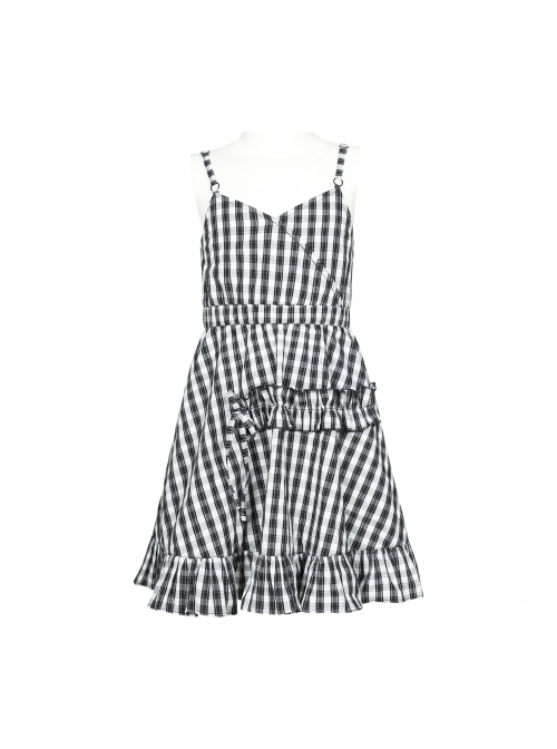 White Plaid A Type Flounce Lower Hem Punk Children Sling Dress