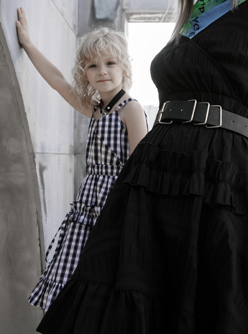 White Plaid A Type Flounce Lower Hem Punk Children Sling Dress