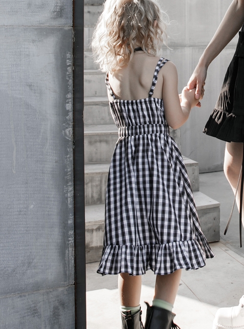White Plaid A Type Flounce Lower Hem Punk Children Sling Dress