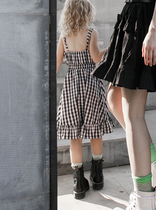 White Plaid A Type Flounce Lower Hem Punk Children Sling Dress