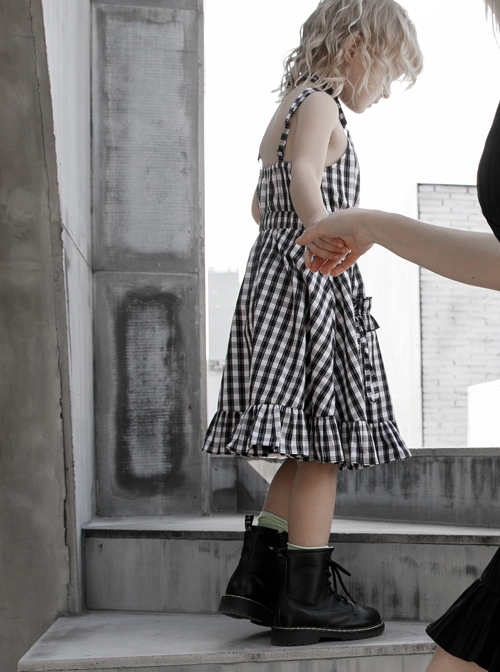 White Plaid A Type Flounce Lower Hem Punk Children Sling Dress
