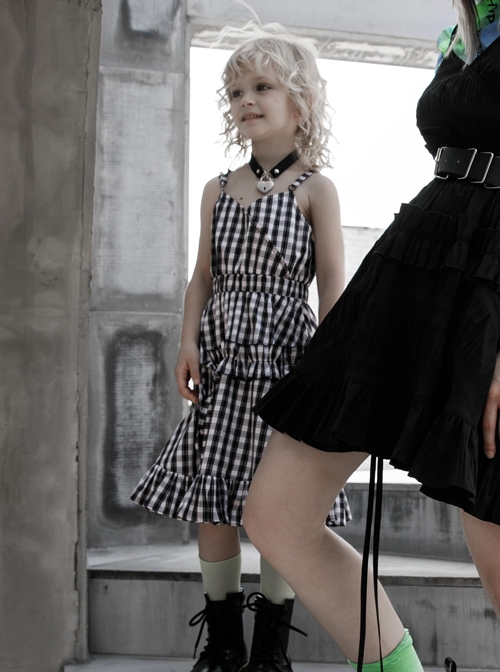 White Plaid A Type Flounce Lower Hem Punk Children Sling Dress