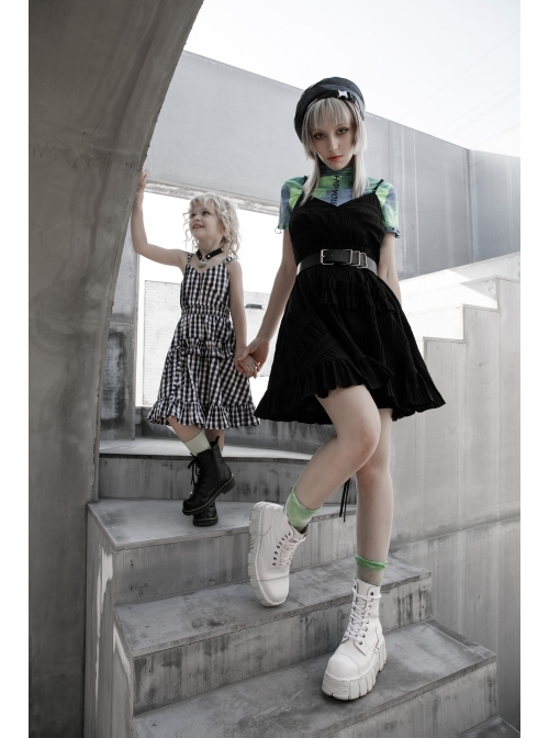 White Plaid A Type Flounce Lower Hem Punk Children Sling Dress