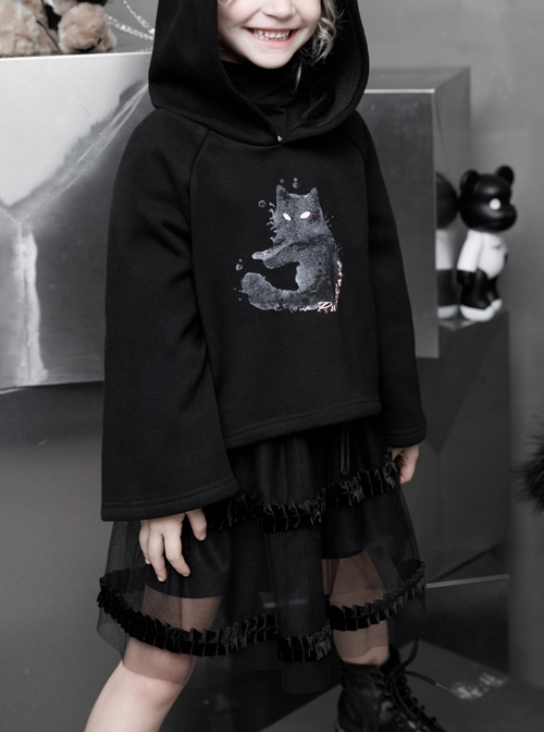 Cat Ear Sharp Corner Hooded Front Chest Print Black Punk Loose Children Velvet Sweater