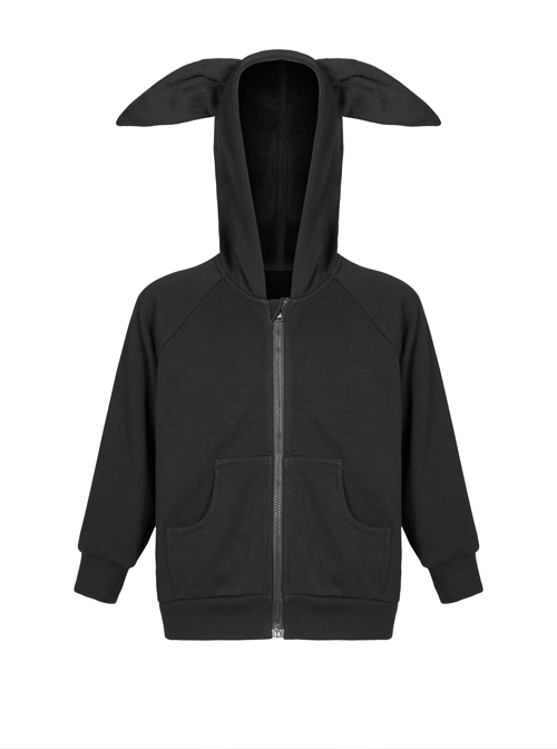 Black Punk Back Print Rabbit Ear Hooded Children Coat