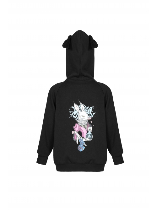 Black Punk Back Print Rabbit Ear Hooded Children Coat