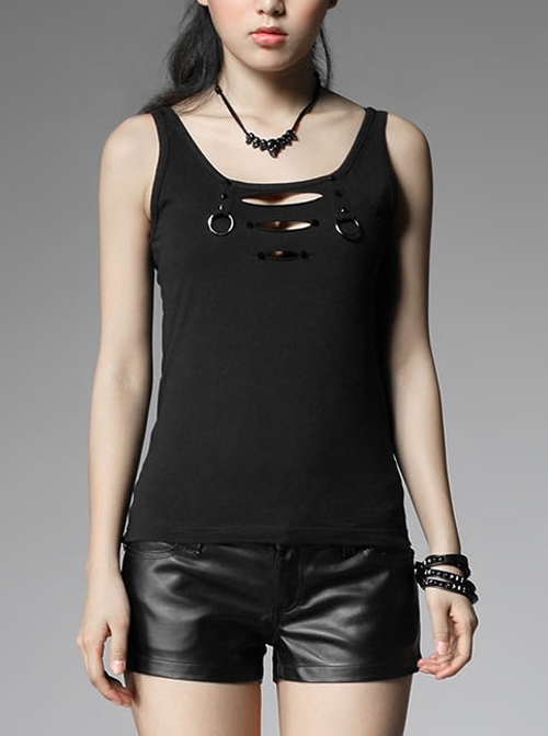 Front Chest Braid Pointed Nail Decoration Black Punk Broken Holes Knit Vest