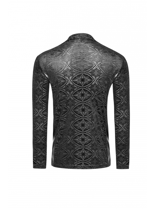 High Collar Lace-Up Long Sleeve Black Gothic Vintage Pattern Print T-Shirt