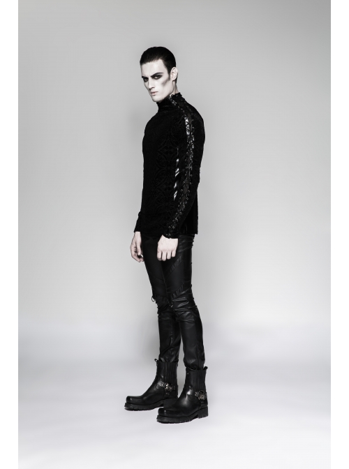 High Collar Lace-Up Long Sleeve Black Gothic Vintage Pattern Print T-Shirt