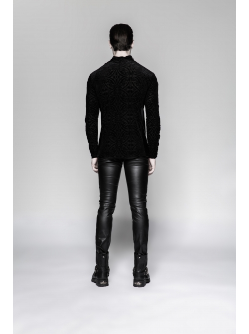 High Collar Lace-Up Long Sleeve Black Gothic Vintage Pattern Print T-Shirt