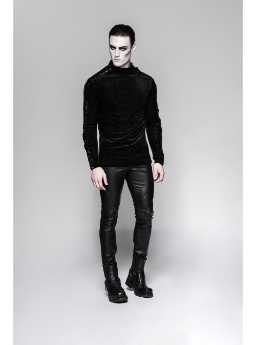High Collar Lace-Up Long Sleeve Black Gothic Vintage Pattern Print T-Shirt