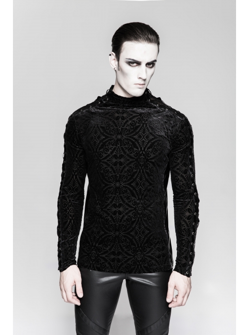High Collar Lace-Up Long Sleeve Black Gothic Vintage Pattern Print T-Shirt