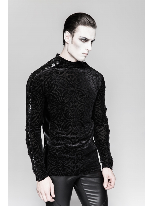 High Collar Lace-Up Long Sleeve Black Gothic Vintage Pattern Print T-Shirt