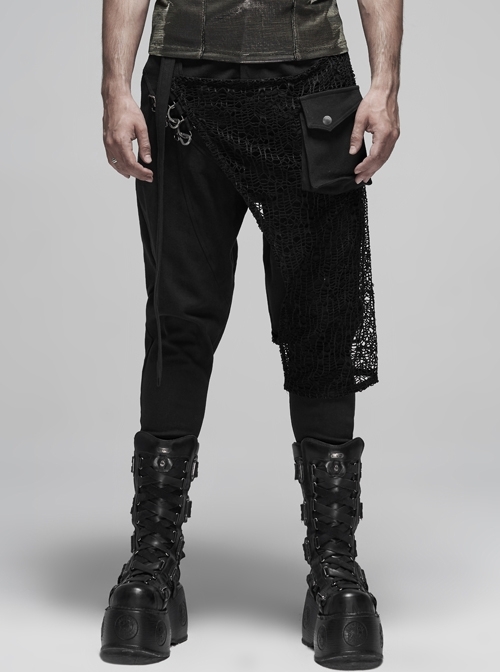 Metal Buckle Decoration Splice Mesh Low-Grade Black Punk Pants