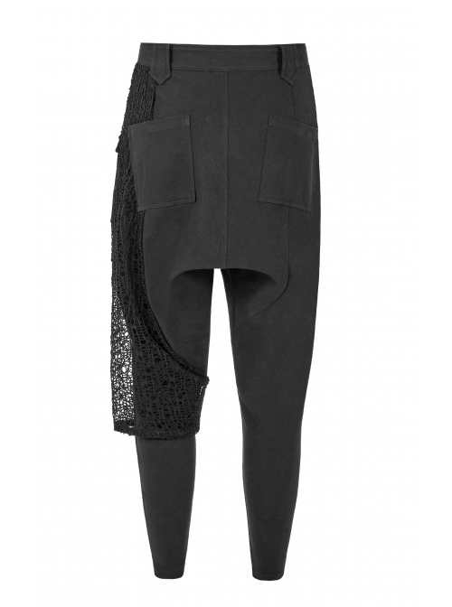 Metal Buckle Decoration Splice Mesh Low-Grade Black Punk Pants