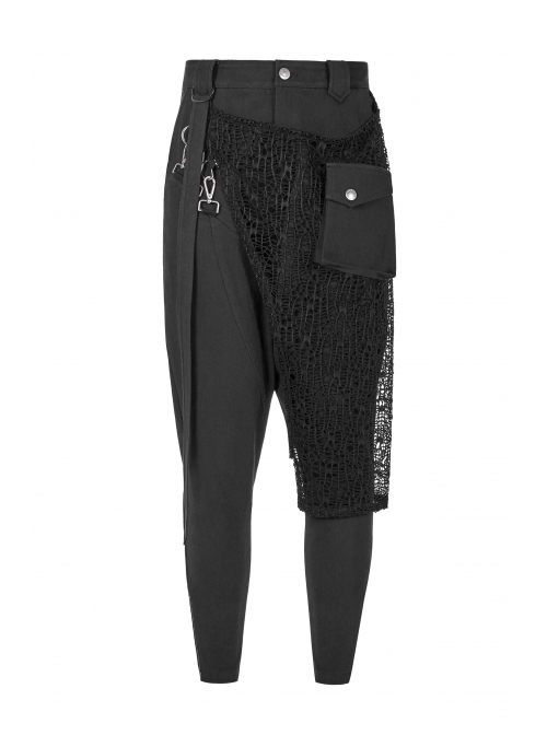 Metal Buckle Decoration Splice Mesh Low-Grade Black Punk Pants