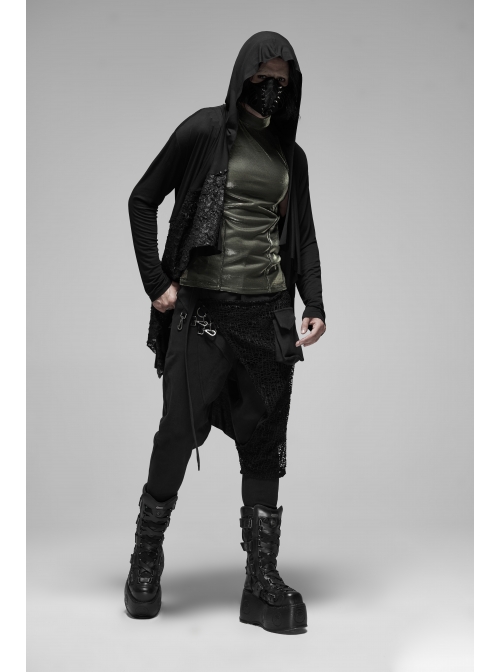 Metal Buckle Decoration Splice Mesh Low-Grade Black Punk Pants