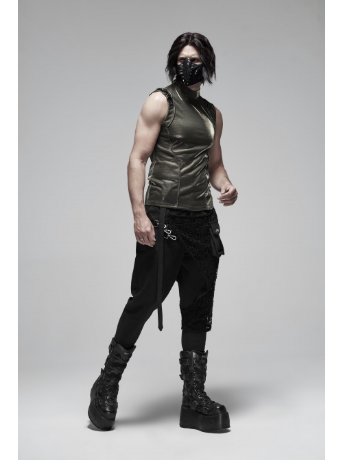 Metal Buckle Decoration Splice Mesh Low-Grade Black Punk Pants