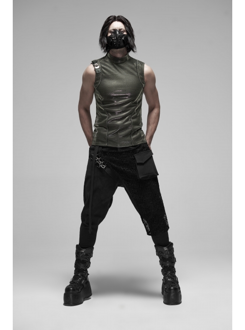 Metal Buckle Decoration Splice Mesh Low-Grade Black Punk Pants