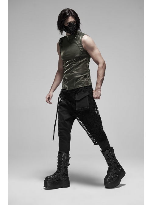Metal Buckle Decoration Splice Mesh Low-Grade Black Punk Pants