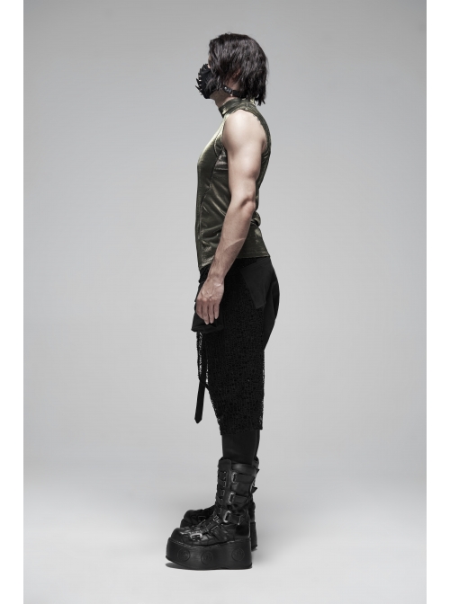 Metal Buckle Decoration Splice Mesh Low-Grade Black Punk Pants