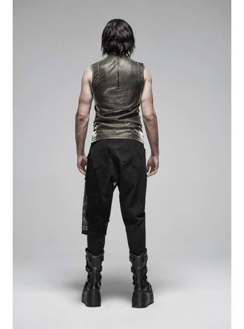Metal Buckle Decoration Splice Mesh Low-Grade Black Punk Pants