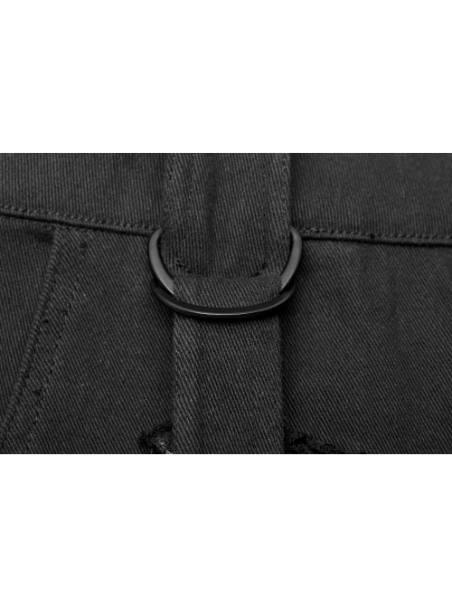 Metal Buckle Decoration Splice Mesh Low-Grade Black Punk Pants
