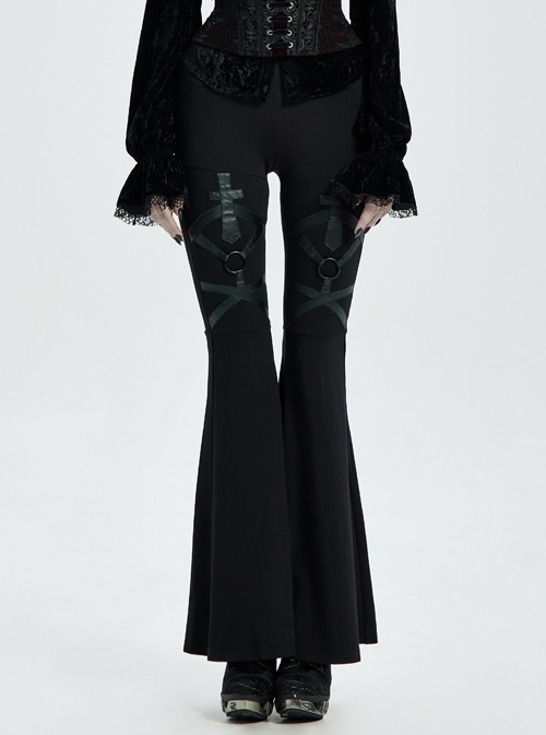 Metal Ring Leather Strap Decoration Black Gothic Knit Flared Trousers