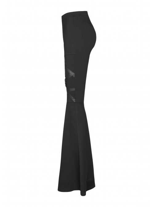 Metal Ring Leather Strap Decoration Black Gothic Knit Flared Trousers