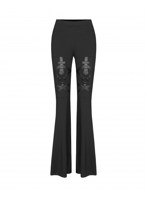 Metal Ring Leather Strap Decoration Black Gothic Knit Flared Trousers
