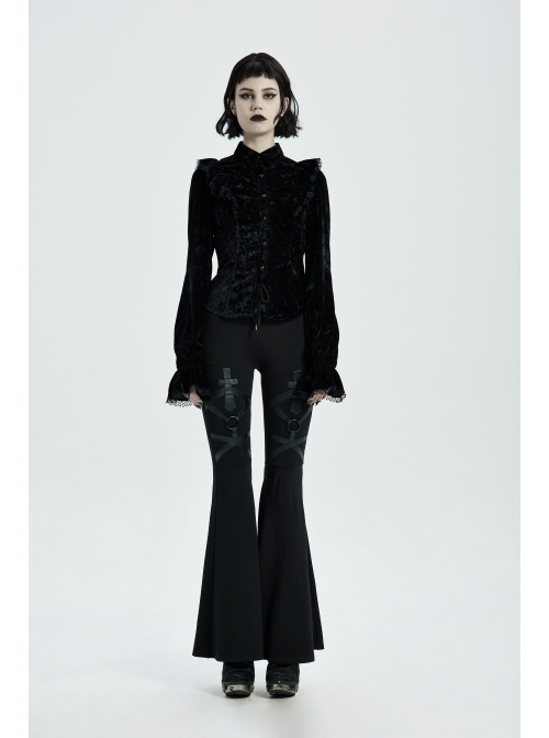 Metal Ring Leather Strap Decoration Black Gothic Knit Flared Trousers
