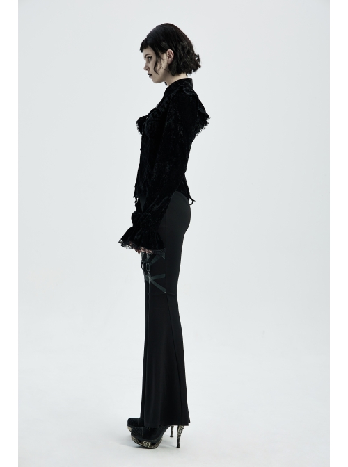 Metal Ring Leather Strap Decoration Black Gothic Knit Flared Trousers