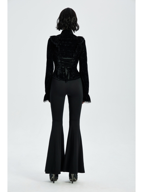 Metal Ring Leather Strap Decoration Black Gothic Knit Flared Trousers