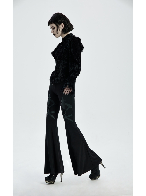 Metal Ring Leather Strap Decoration Black Gothic Knit Flared Trousers