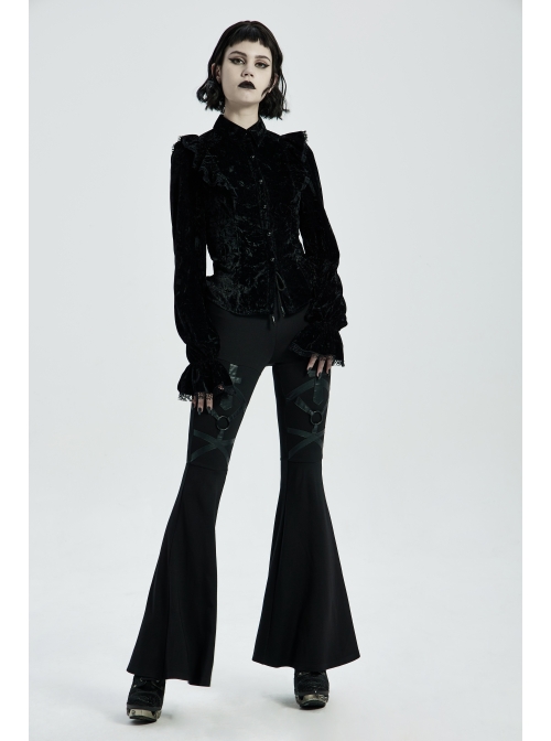 Metal Ring Leather Strap Decoration Black Gothic Knit Flared Trousers