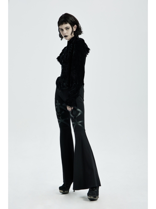 Metal Ring Leather Strap Decoration Black Gothic Knit Flared Trousers