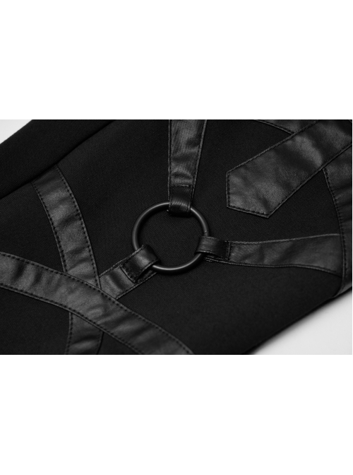 Metal Ring Leather Strap Decoration Black Gothic Knit Flared Trousers