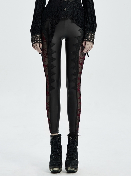 Side Splice Velvet-Burning Flower Mesh Ribbon Decoration Black Gothic Knit Legging