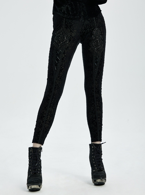 Black Beads Decals Decoration Gothic Burning Out Flowers Velvet Knitted Legging